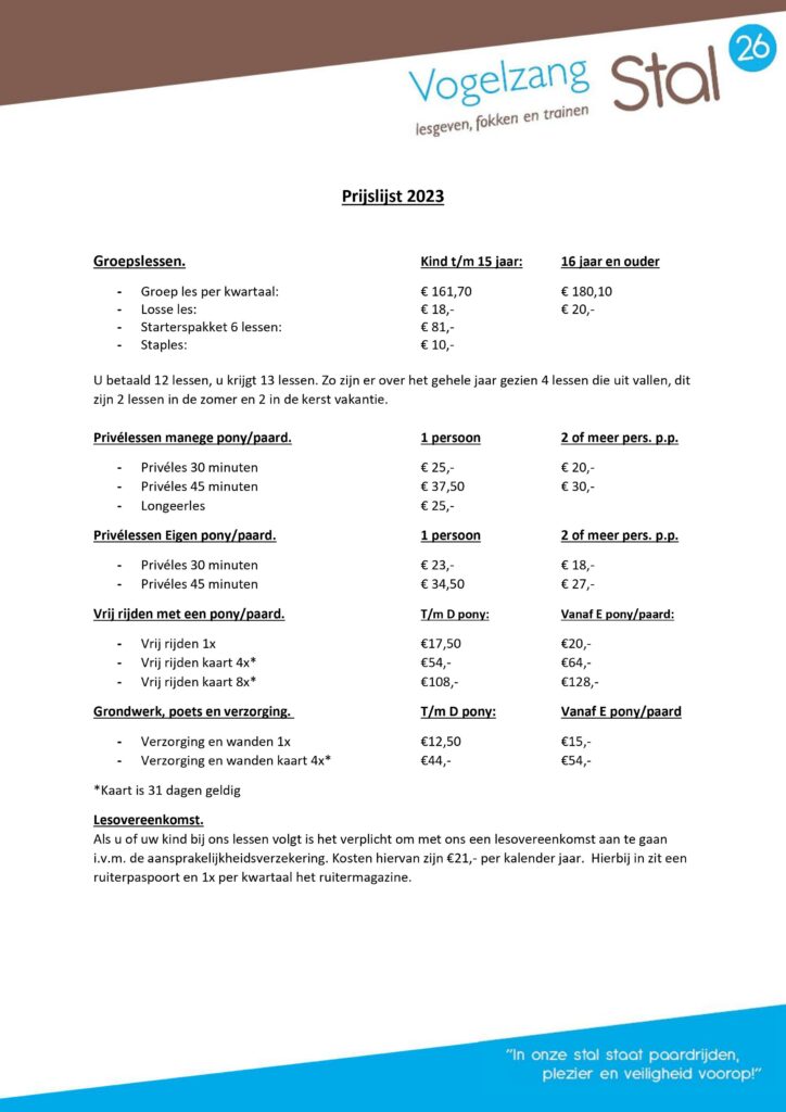 Prijslijst 2023 Vogelzang Stal 26